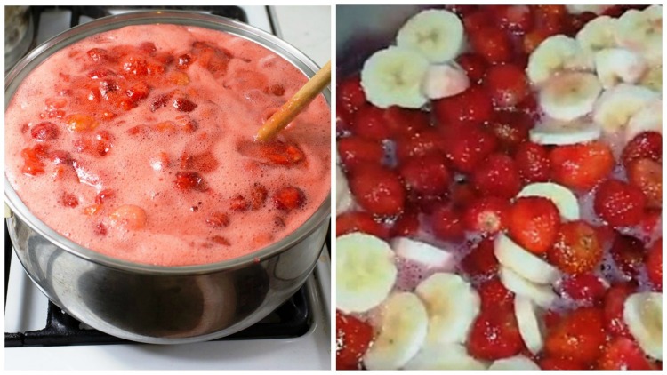Рецепт варення з густим сиропом і цільними ягодами. Варю полуницю з бананом 1 до 3