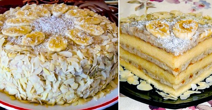 Смачний, ніжний бісквітний торт з бананово-молочною начинкою!
